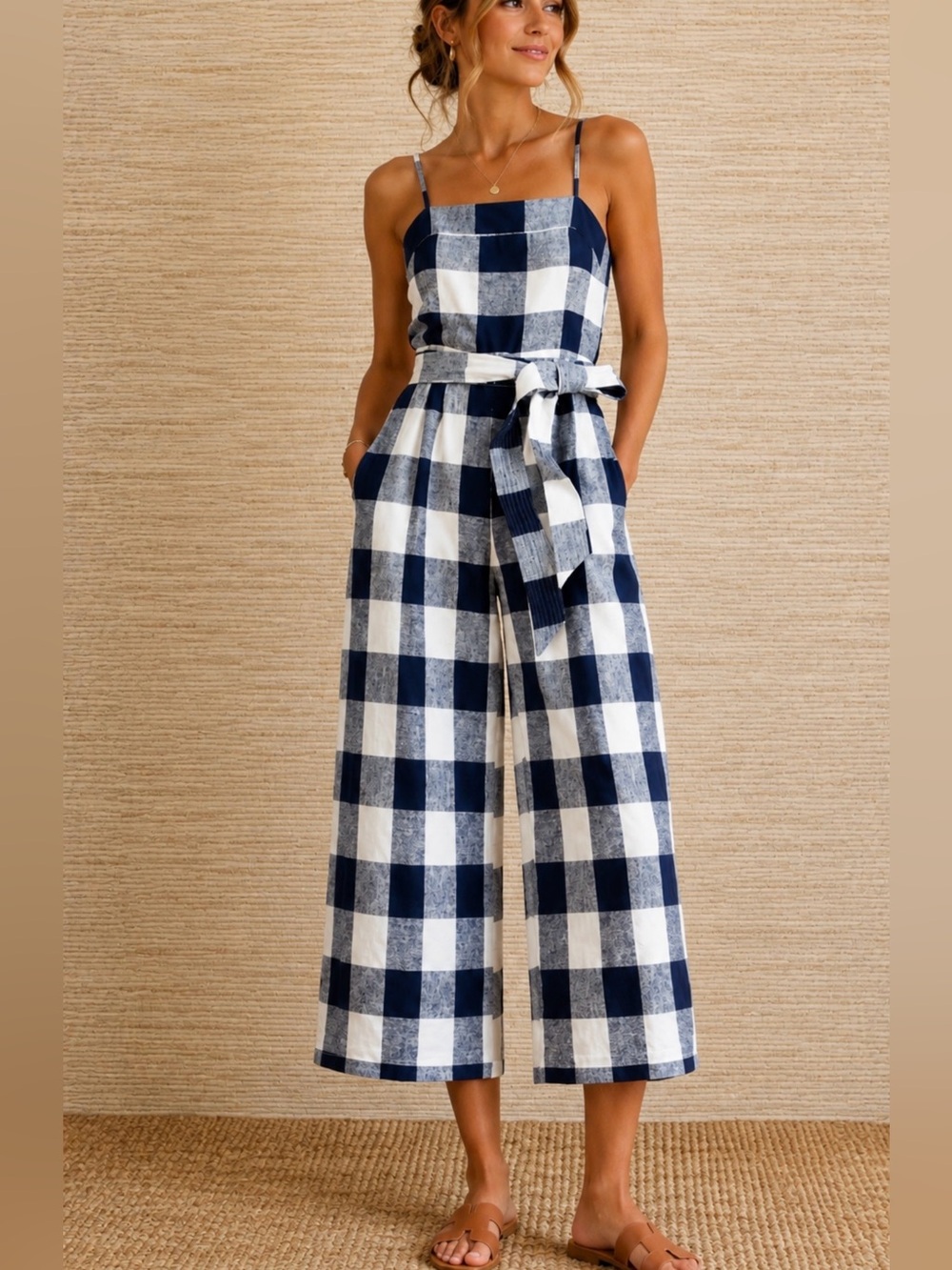 J. Crew Linen Wide Leg Jumpsuit Beauchamp Gingham Plaid Blue white cropped sz. 0